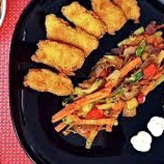 Bacalao rebozado con mix de verduras al wok